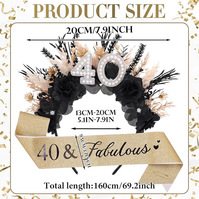Flower Black Birthday Headband - Dark Happy Birthday Crown and Sash Set for Women Fabulous Party Accessories