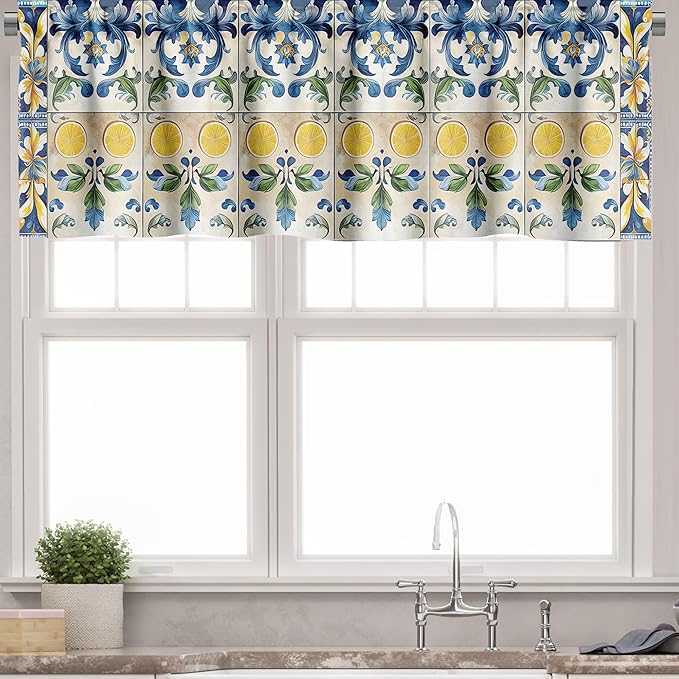 Ambesonne Mediterranean Valance & Tier Curtain 3 pcs Set, Lemons Classic Mosaic Motifs Traditional Italian Portuguese Summer, Window Treatments for Kitchen Room Decor, 55" x 30", Blue Yellow and Green