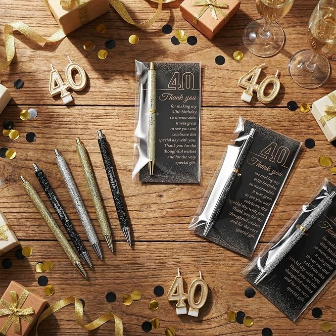 24 Set 40th Birthday Party Favor for Guests Anniversary Appreciation Gifts Birthday Glitter Ballpoint Pen and Thank You Cards for Women Men Years Party Favor Decoration Supplies