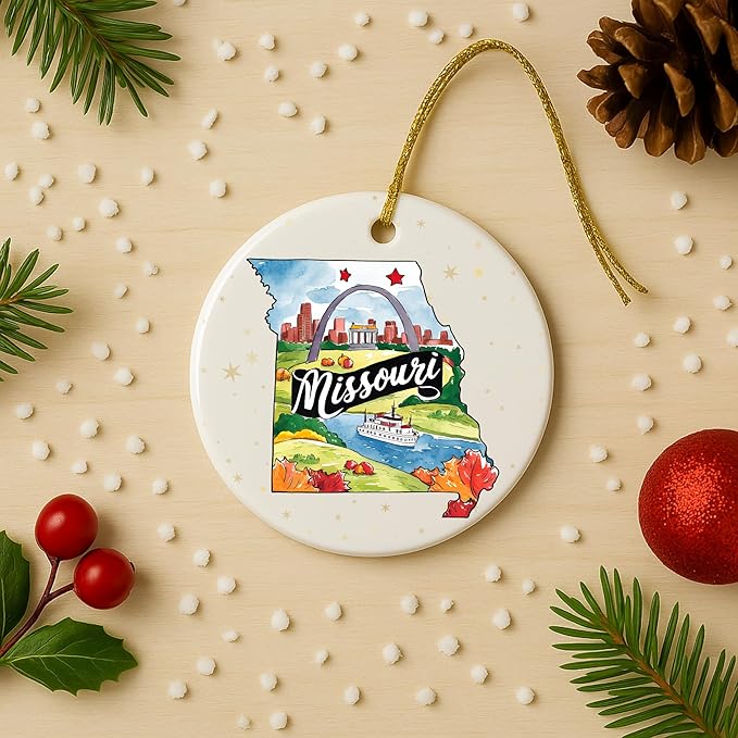 USA State Landmark Ceramic Ornament – Round Glossy Christmas Decoration Featuring U.S. State Art, Landmarks & Holiday Scenery – Collectible Travel Souvenir Ornament Series (Missouri)