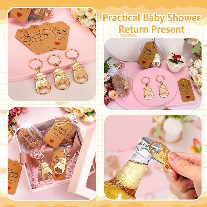 50Pcs Popping Bottle Openers Baby Shower Return Favors for Guests Bottle Opener Decorations and Souvenirs Baby Bottle Shaped Bottle Opener with Organza Bags Thank You Tags for Theme Decoration