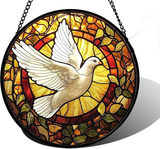 Stained Glass Window Hanging, Flying White Dove Sun Catchers Diamond Glass Panel Hangings Cute Birds Suncatcher Decor for Birthday for Women, Men, Wife, Aunt, and Mom 11.8 in