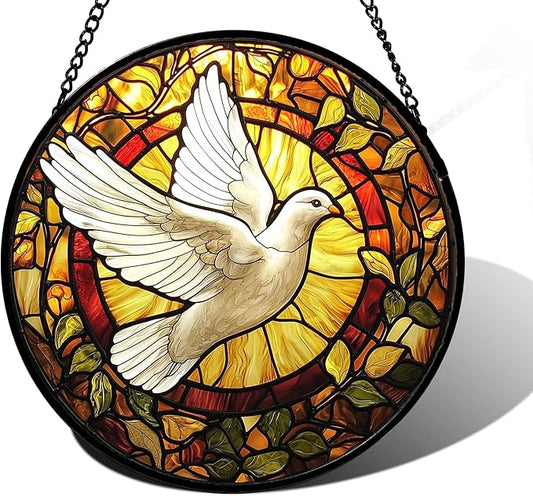 Stained Glass Window Hanging, Flying White Dove Sun Catchers Diamond Glass Panel Hangings Cute Birds Suncatcher Decor for Birthday for Women, Men, Wife, Aunt, and Mom 11.8 in