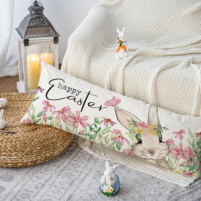 AVOIN colorlife Easter Floral Garland Bunny Long Lumbar Throw Pillow Cover, 14 x 36 Inch Spring Rabbit Long Body Pillow Case for Bed Sofa Bench