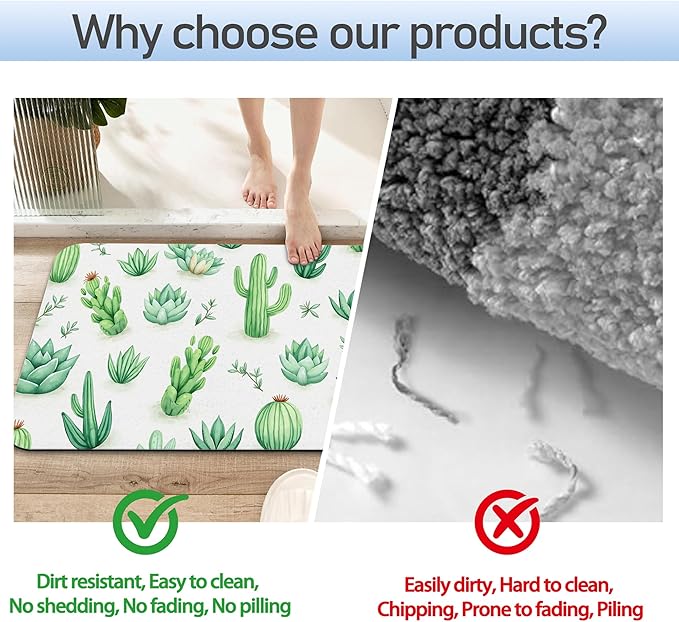Cactus Succulent Bathroom Mat, Non-Slip Rubber Backing Thin Low-Profile Bath Rug, Easy-Clean Bathroom Floor Mat for Shower, Bathtub, Kitchen, or Entryway