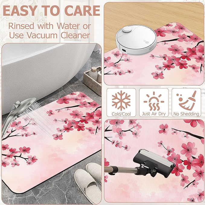 Pink Flower Bath Mat,Cherry Blossom Diatomaceous Earth Bath Mat,Rubber Backing Quick Dry Absorbent Washable Bathroom Rugs for Tub Non Slip 17"x29.5"