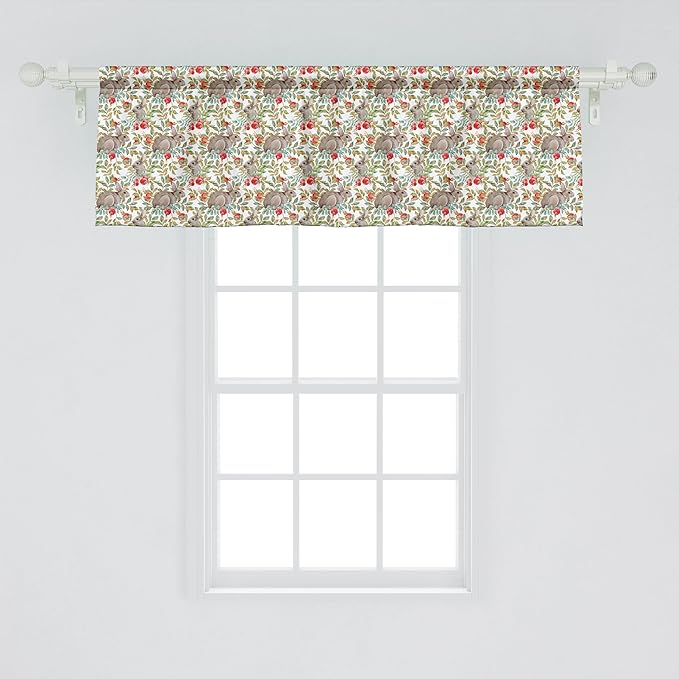 Ambesonne Bunny Window Valance Pack of 2, Easter Pattern of Dog Rose and Rabbits, Rod Pocket Curtain Valances for Kitchen Bedroom, 42" X 18", Camel
