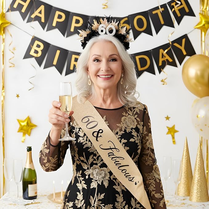 Flower Black Birthday Headband - Dark Happy Birthday Crown and Sash Set for Women Fabulous Party Accessories