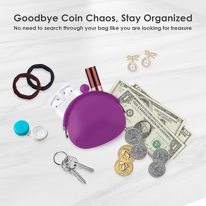 Coin Purse for Women – Silicone Small Coin Pouch with Kiss Lock for Coins, Keys, Lipstick, and Earphones – Mini Cute Change Purse, Coin Purse & Pouch for Daily Life, Cars, Travel, Party (Purple)