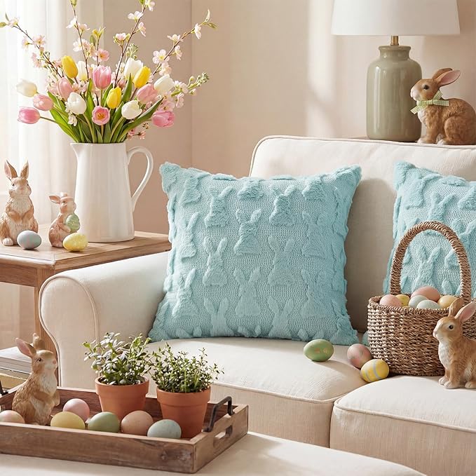 AVOIN colorlife Easter Rabbits Blue Throw Pillow Covers, 18 x 18 Inch Bunny Soft Plush Faux Fur Jacquard Cushion Case Decoration for Sofa Couch Set of 2