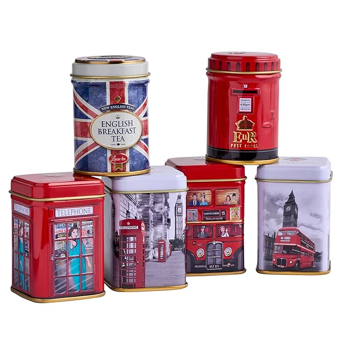 New English Teas British Icons 6x Tea Tin Gift Pack with 5 oz Loose English Tea - Union Jack, London Bus and Phone Box, UK Souvenir