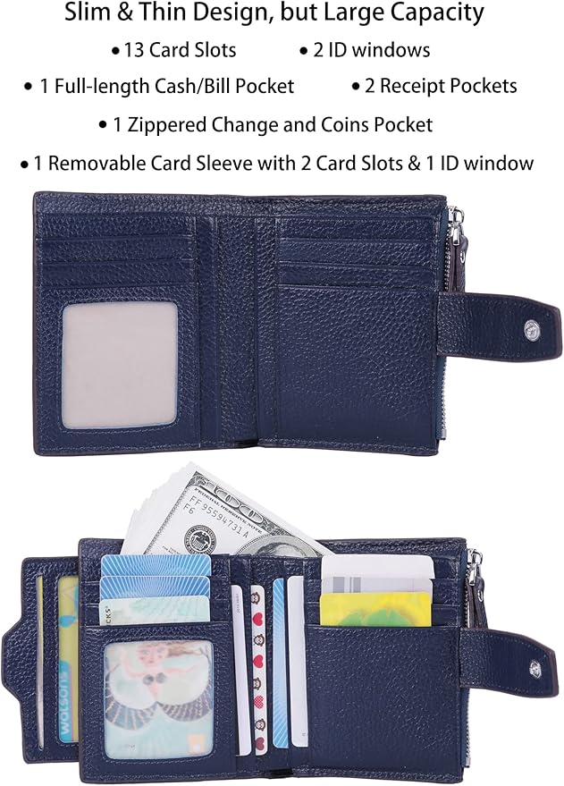 AINIMOER Women's RFID Blocking Leather Small Compact Bi-fold Zipper Pocket Wallet Card Case Purse with id Window
