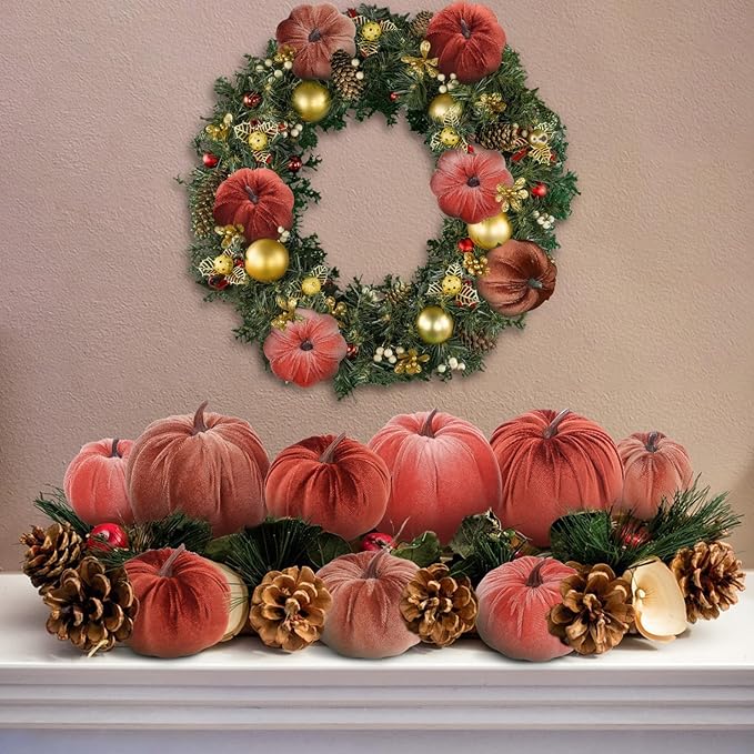 Woration 18pcs Fake Artificial Velvet Pumpkin Fall Decoration 3 Size Faux Foam Fabric Pumpkins Halloween Decor for Home Farmhouse Harvest Thanksgiving - Brown Series