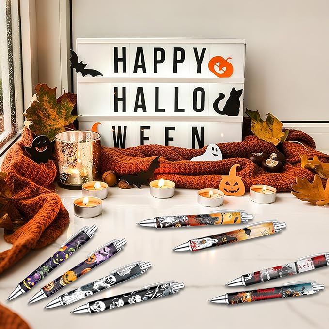 Idealmuzik Funny Ballpoint Pens for Adult, Stationery Lovers – Smooth Writing Pens for Journaling – Haunted Holiday Design, 8 Pack