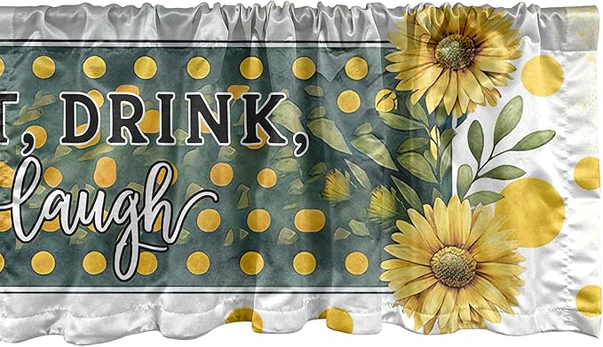 Ambesonne Eat Drink Laugh Window Valance, Farmhouse Art Sunflower with Orangish Dots and Leaves Greenery, Curtain Valance for Kitchen Bedroom Decor with Rod Pocket, 42" x 12", Mustard and Hunter Green