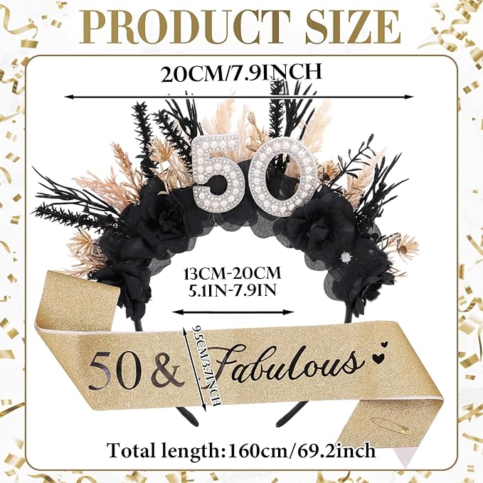 Flower Black Birthday Headband - Dark Happy Birthday Crown and Sash Set for Women Fabulous Party Accessories