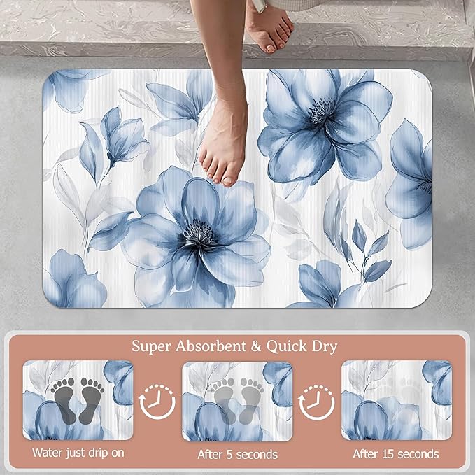 Bath Mat,Blue Gray Watercolor Floral Bathroom Rugs,Quick-Drying Non-Slip Rubber Bath Mats Absorbent Diatomaceous Earth Mat for Bathroom Home Decor 17"x29.5"