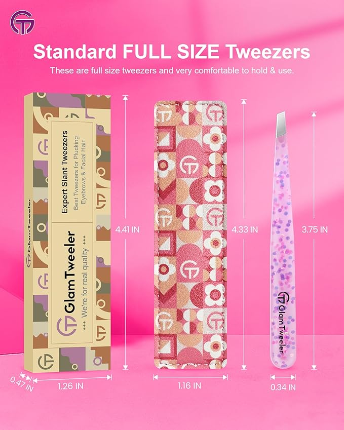 Expert Eyebrow Hair Removal Tweezer with Leather Case, GlamTweeler High Precision Slant Tip Stainless Steel Tweezers for Men and Women (Cherry Blossom Pink)