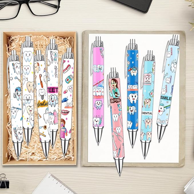 Idealmuzik Cute Dental Pens Set – Tooth & Dentist-Themed Ballpoint Pens for Dental Hygienists, Assistants– Fun Oral Care Stationery for Clinic, or Office – Perfect Dentist Gift, 10 Pack