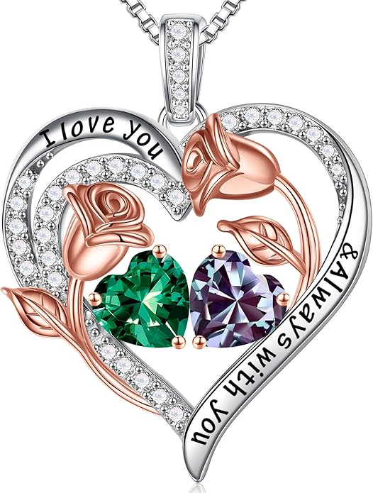 Iefil Valentines Day Gifts for Her - 925 Sterling Silver Rose Heart Birthstone Necklace Birthday Anniversary Jewelry Gifts for Her Wife Mom Daughter