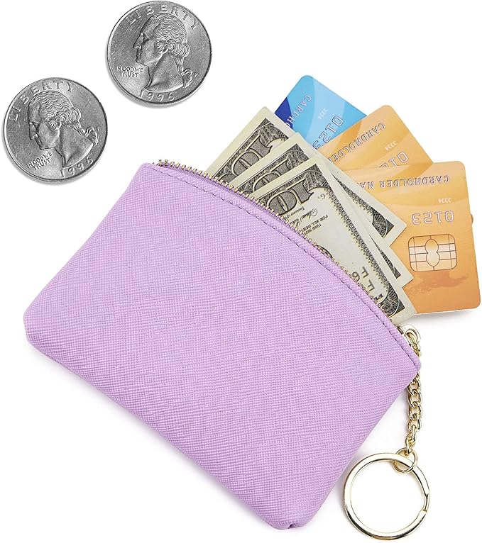 WOZEAH Artificial Leather Coin Purse Change Purse With Key Chain Ring Zipper For Men Women (Lilac)