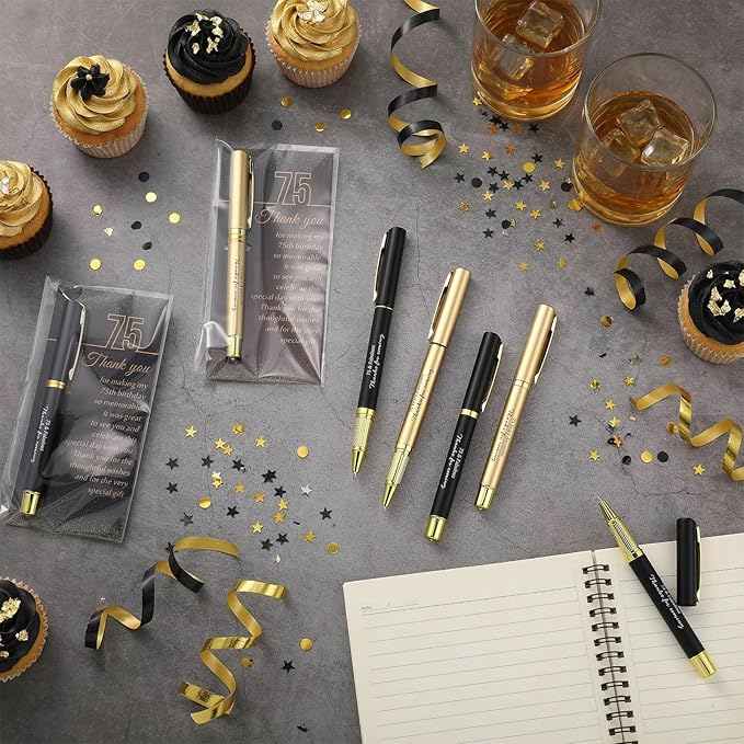 50 Set 75th Birthday Party Favor for Guest Anniversary Party Favor with Black and Gold Ballpoint Pens and Thank You Cards for Women Men Birthday Anniversary Appreciation Gifts