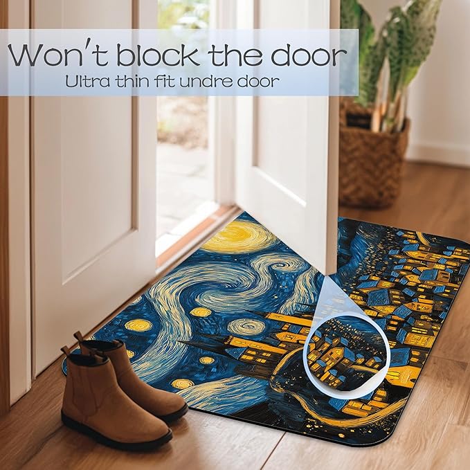 Bathroom Rug 29.5"x17",Night Sky Village Bath Mat with Non-Slip Rubber Backing, Quick-Drying Absorbent Thin Floor Mat for Bathroom, Shower, Sink, or Kitchen
