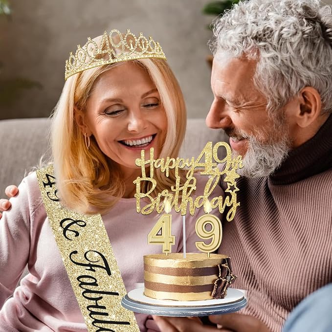 49th Birthday Decorations for Women Gold with 49th Birthday Sash and Tiara, Cake Topper and Candles,Number Balloons, 49 Year Old Gifts for Women