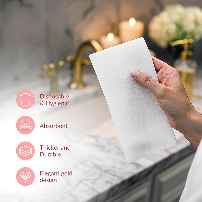 Prestee 100 Linen Feel Disposable Paper Towels - Hand Towels for Bathroom - Cloth-Like Napkins for Weddings, Events, and Dinners - Paper Napkins Ideal for Home, Office - White, 12 x 17 Inches