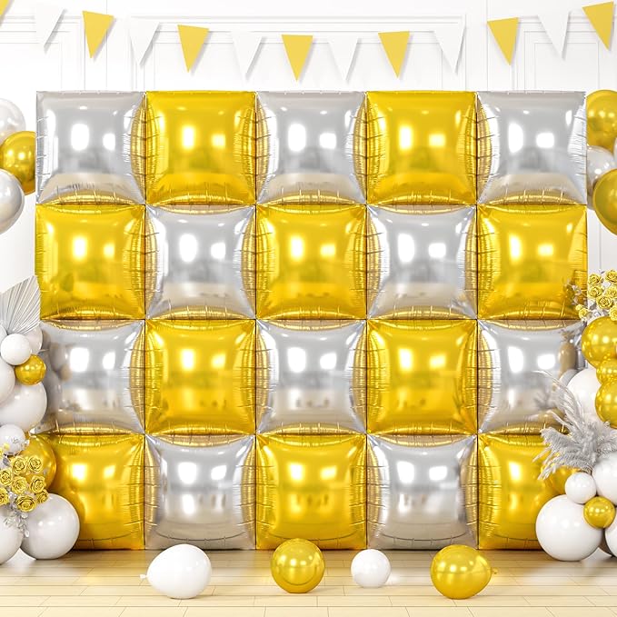 20PCS Silver Square Balloons, New Years Decorations Backdrop Balloon Wall Tunnel Double Sided Gold & Silver Foil Balloons Kit for Christmas New Year Eve Graduation Birthday Party