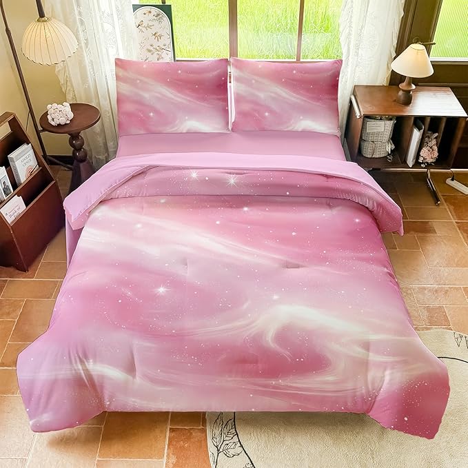 Full Size Bedding Sets Kids Bedding Sets for Girls, Galaxy Bedding 5 Pieces Bed in A Bag Full Size, Glitter Colorful Comforter for Girls