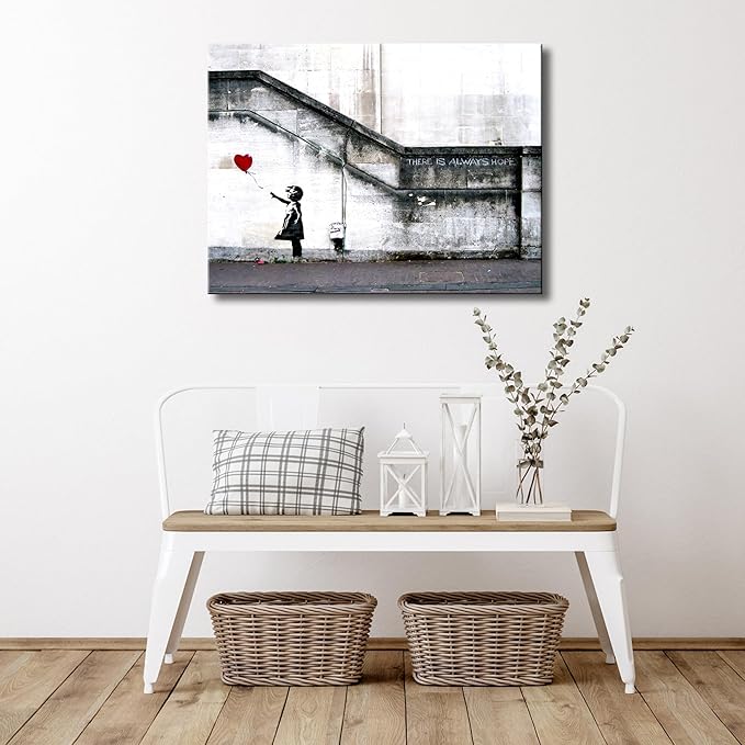 Wieco Art Canvas Paintings Wall Art Banksy Grafitti Girl with Red Balloon Grey Large Love Canvas Prints Pictures Modern Gallery Wrapped Inspirational Artwork Ready to Hang for Home Office Decor