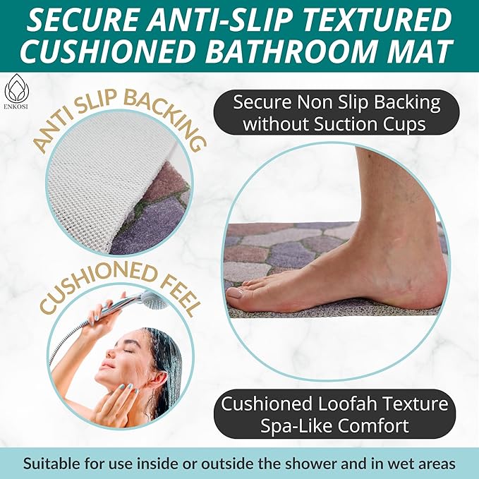ENKOSI Loofah Non-Slip Shower and Bath Mat - Soft Cushioned Comfort - No Suction Cups for Smooth or Textured Tubs - Fast Draining - Safety for Bathroom, Family, Kids, and Elderly (24x16 Stone Path)
