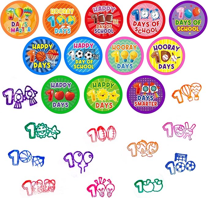 Cinrobiye 24 Pcs Happy 100th Day Party Stampers for Boys Girls,100th Day of School Party Supplies Favors, Classroom Rewards Carnival Prizes, Goodie Bag Pinata Fillers for 100 days of school (100 day)