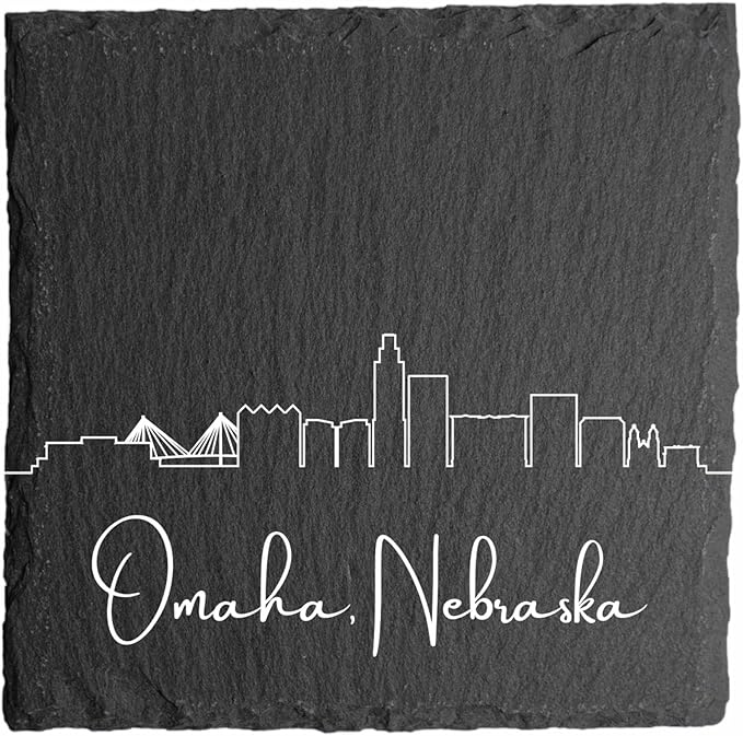 Blue Ridge Mountain Gifts - Omaha NE Skyline Coasters, Set of 4 - Omaha Nebraska Souvenir, Slate Coasters with Minimalist Skyline, Housewarming Gift for Friends, Family, & Neighbors