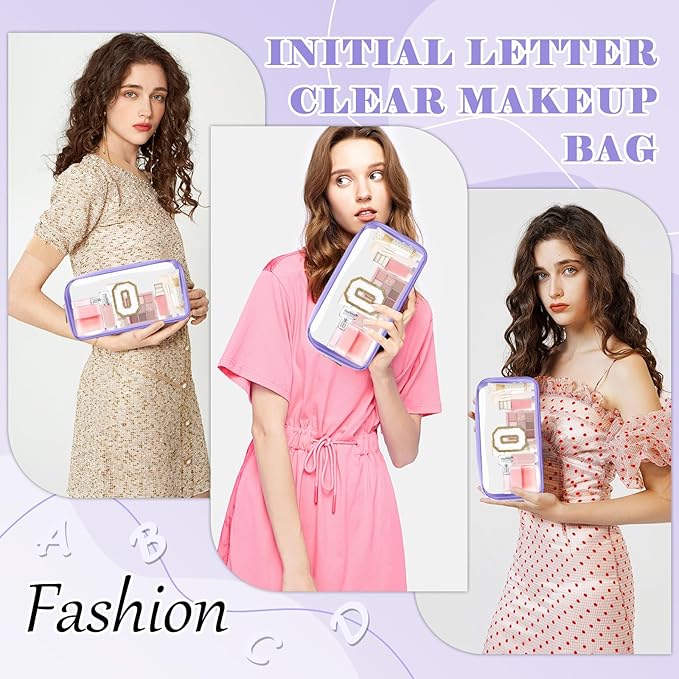 Personalized Initial Letter Clear Makeup Bag,Preppy Small Nylon&PVC Cosmetic Zipper Bag with Chenille Letter,Travel Skincare Toiletry Bag,Monogram Christmas Gift for Teen Girls Women,O