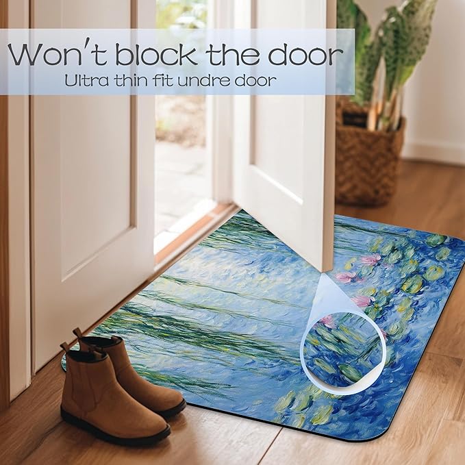 Bathroom Rug 29.5"x17", Claude Monet Water Lilies Bath Mat with Non-Slip Rubber Backing, Quick-Drying Absorbent Thin Floor Mat for Bathroom, Shower, Sink, or Kitchen