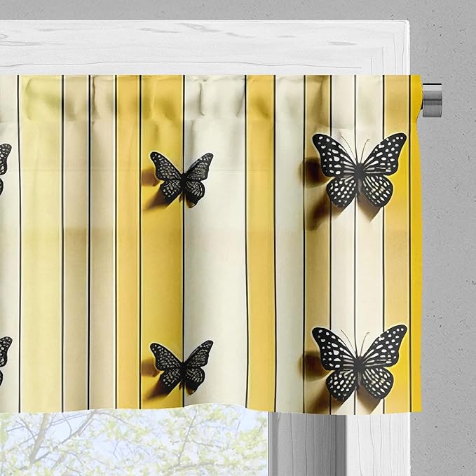 Ambesonne Butterfly Window Valance, Summer Lines Wingy Animals with Faded Effect Print Country Vibe, Curtain Valance for Kitchen Bedroom Decor with Rod Pocket, 54" X 12", Yellow Reseda Green Beige