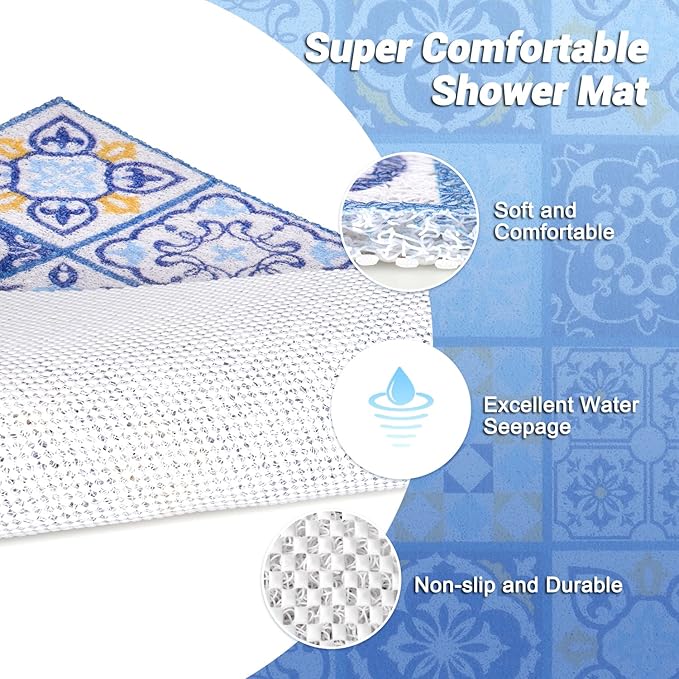 Shower Mat Bathtub Mat Non-Slip, 24x32 Inch, Soft Comfort Bath Mat with Drainage Holes, PVC Loofah Massage Bathmat for Shower, Tub, Bathroom, Wet Areas, Quick Drying