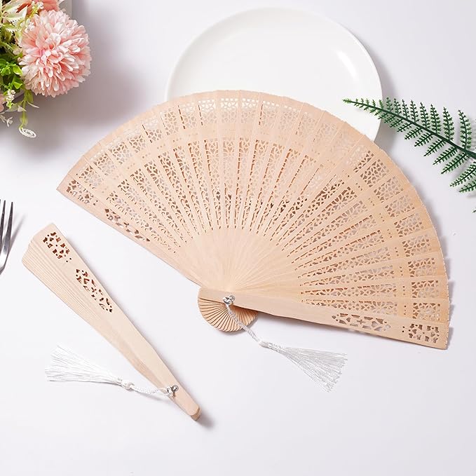 Sepwedd 50 Set Sandalwood Fan Wooden Hand Fan Baby Shower Party Favors with Organza Bags and Tassels Wooden Folding Fan