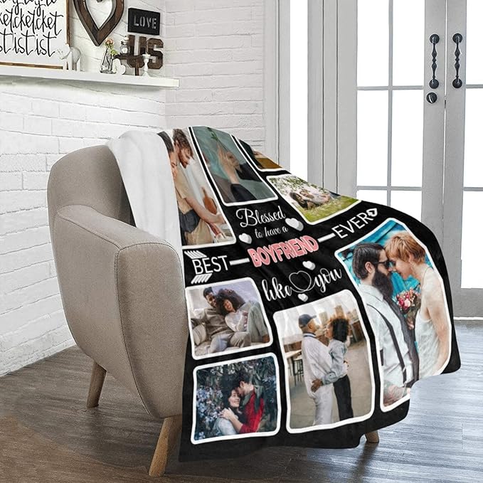Custom Blanket Gifts for Boyfriend, Customized Blankets with Photos, Make a Personalized Bed Throws, Custom Souvenir Throw Blanket for Best Boyfriend Ever, 8 Collages Made in USA
