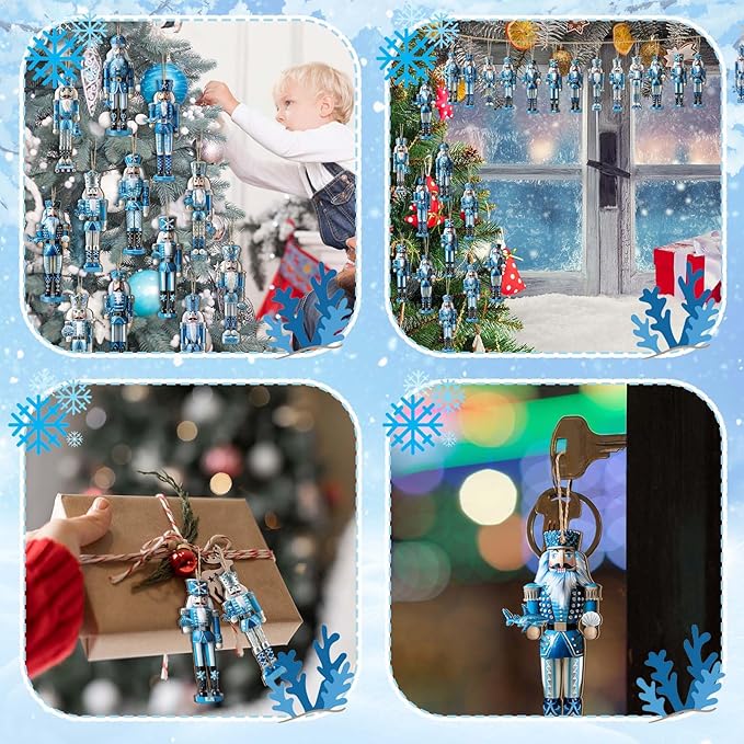 Yookeer 36 Pcs Beach Nutcracker Christmas Ornaments 5.11 Inch Blue Ocean Coastal Winner Wooden Ornaments with Rope Animals Nutcracker Christmas Decorations for Xmas Tree Home Wreath Party Decor