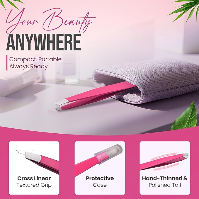 Slanted Stainless Steel Tweezers for Men & Women - Precision Eyebrow Tweezers for Facial Hairs, Strong Grip, Fine Tip, Professional Tweezer for Plucking & Grooming (Neon Pink)