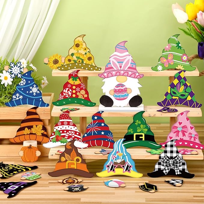 Blulu 34 Pcs Christmas Interchangeable Wooden Gnome Decor DIY Holiday Christmas Seasonal Tiered Tray Decoration Gnomes with Magnet Pieces Welcome Sign for Xmas Holiday Decorations (Stylish)