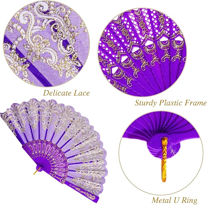 QIRMIZI 10 Pack Folding Handheld Fans,Silk Spanish Fan, Perfect for Weddings, Parties, and Dancing,Purple
