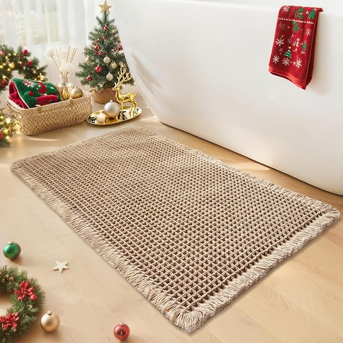 Waffle Bath Mat - Boho Bathroom Rugs Non Slip Washable, Super Absorbent & Quick Dry, Small Bath Mats Farmhouse Bathroom Decor, 18'' x 30'', Khaki