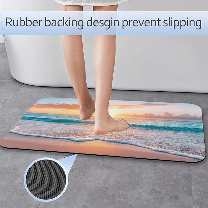 Sunset Beach Bathroom Mat, Non-Slip Rubber Backing Thin Low-Profile Bath Rug, Easy-Clean Bathroom Floor Mat for Shower, Bathtub, Kitchen, or Entryway