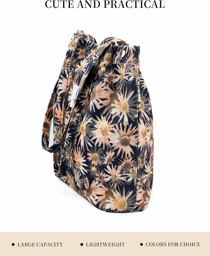 Corduroy Tote Bag Cute Tote Bags for Women Shoulder Bag with Inner Pocket for Work Beach Travel and Shopping Grocery