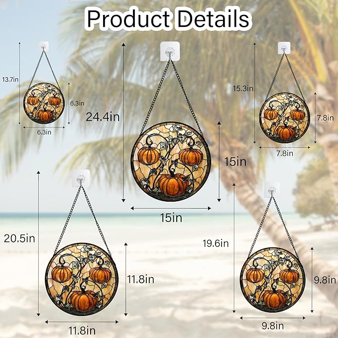 Stained Glass Window Hanging - Halloween Decoration Orange Pumpkin Vine Leaves Suncatcher for Door Garden Spooky Sun Catchers Gothic Decor Horror Gifts for Women Men Friend Boy Girl 15 in