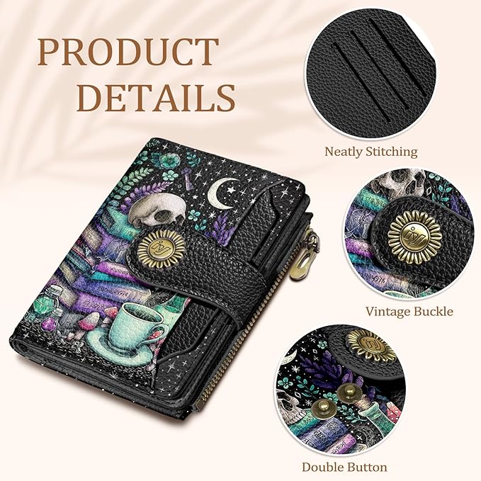 Goth Gothic Skull Small Wallet Women RFID Blocking Bifold, Credit Card Holder, Zipper Coin Pocket, PU Leather, Funny Witchy, Compact, Travel, 4 ID Window 14 Card Slots, Cash Purse, Ladies Woman